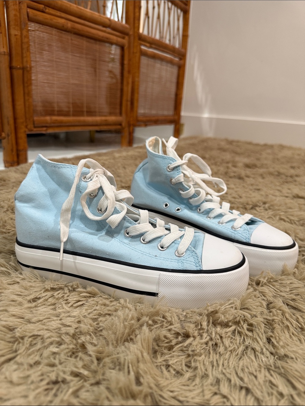 Light Blue High-Top Canvas Sneakers with Platform Sole